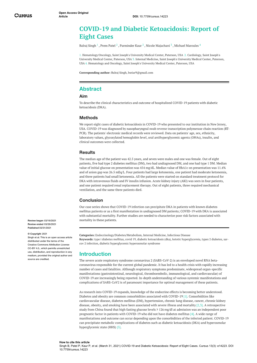 COVID-19 and Diabetic Ketoacidosis: Report of Eight Cases