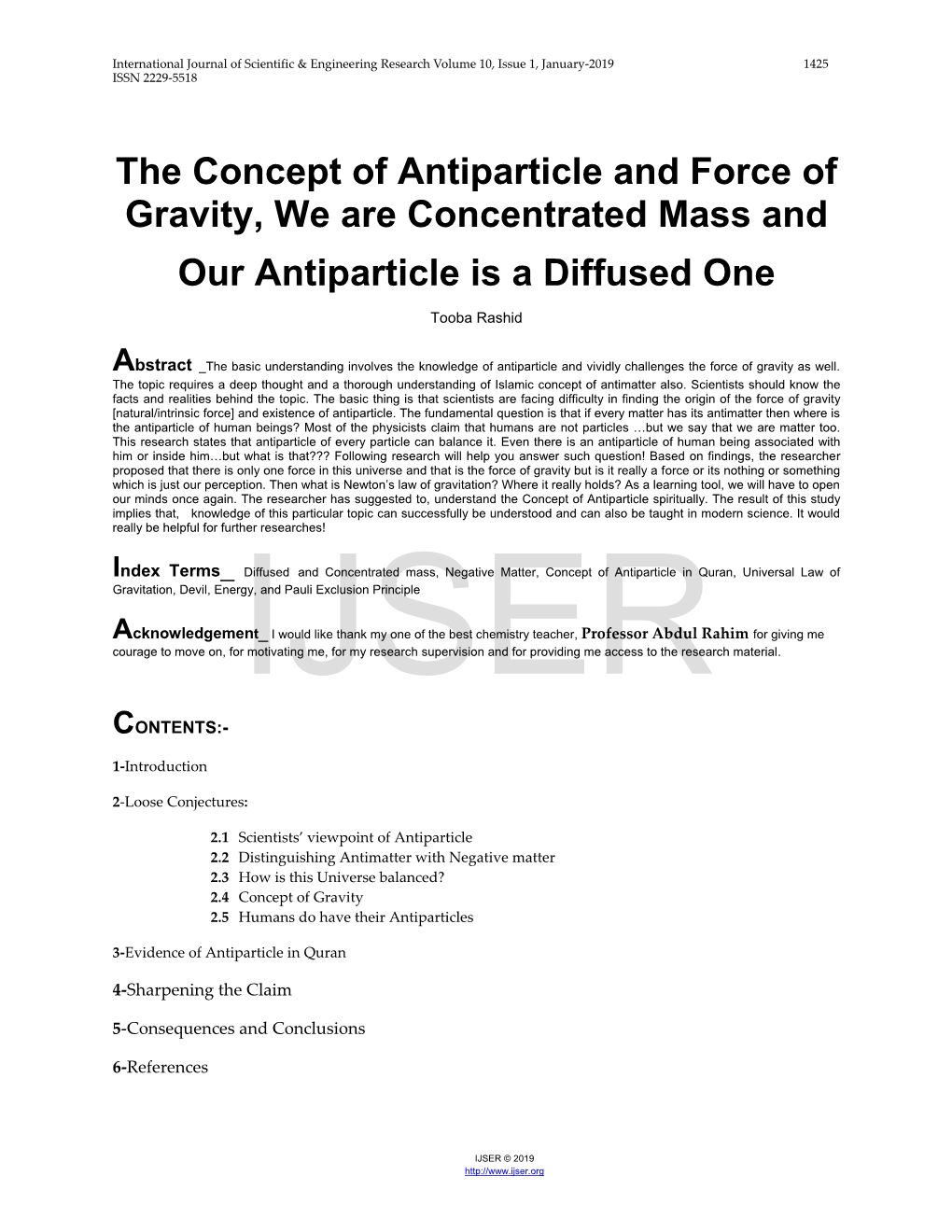 The Concept of Antiparticle and Force of Gravity, We Are Concentrated Mass and Our Antiparticle Is a Diffused One Tooba Rashid