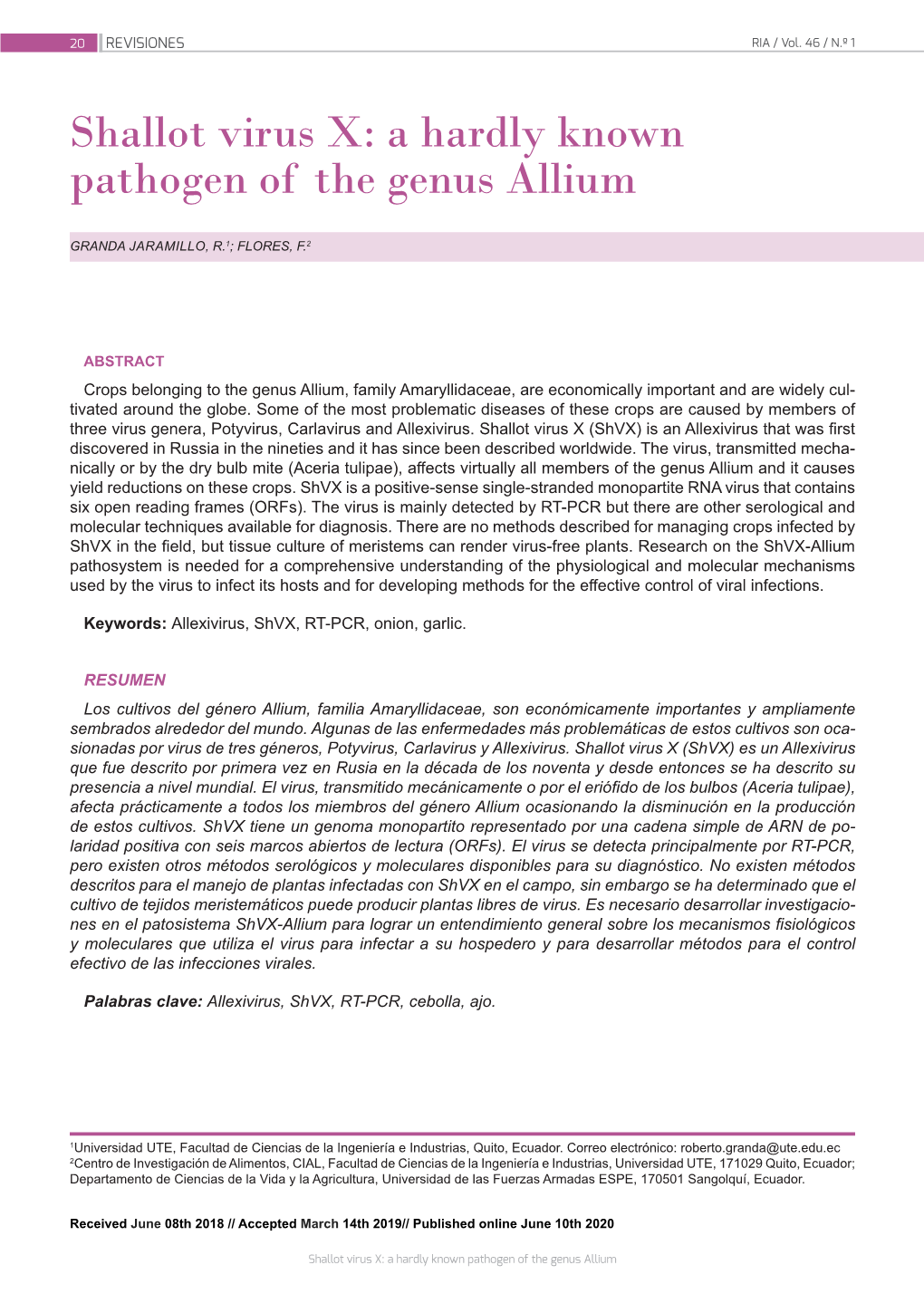 Shallot Virus X: a Hardly Known Pathogen of the Genus Allium