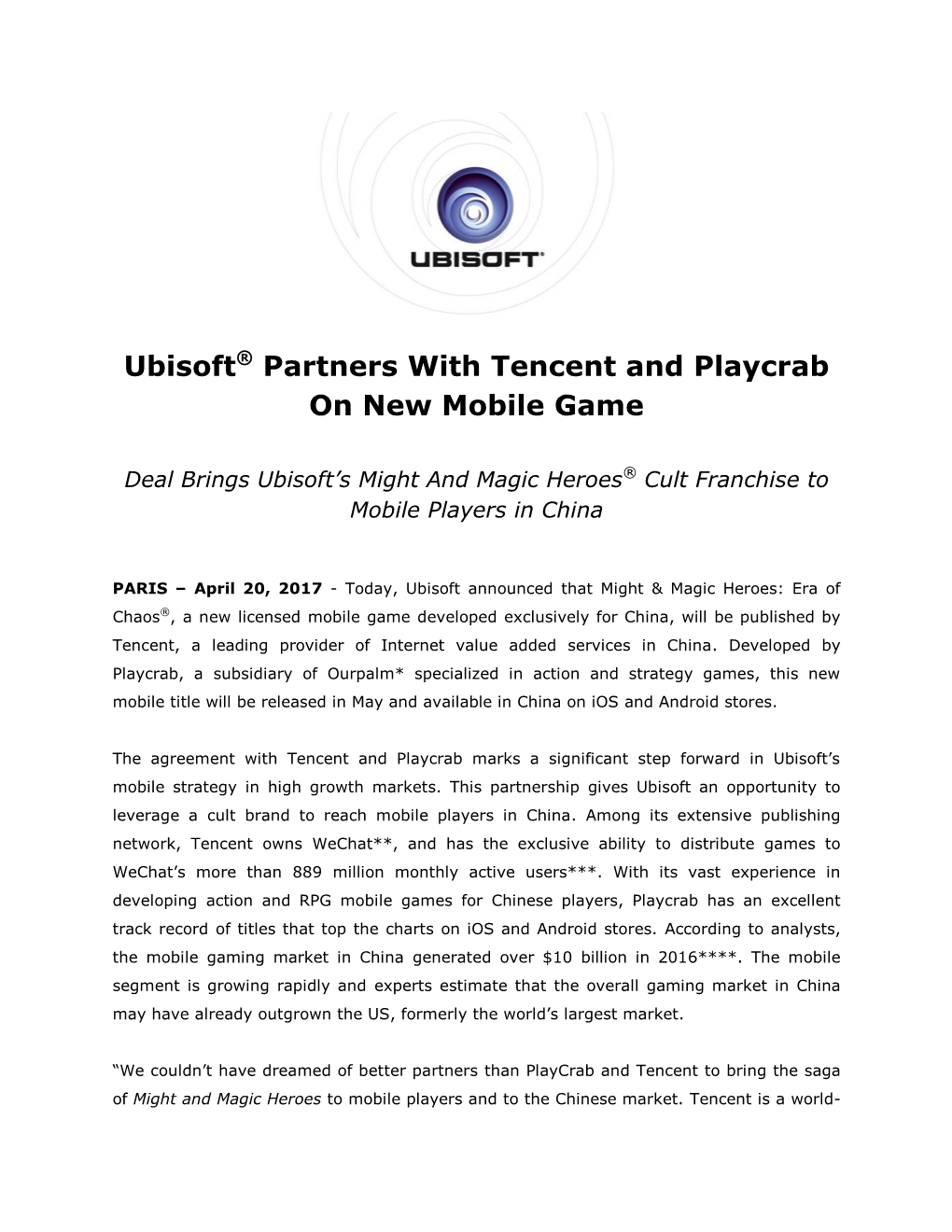 Ubisoft® Partners with Tencent and Playcrab on New Mobile Game