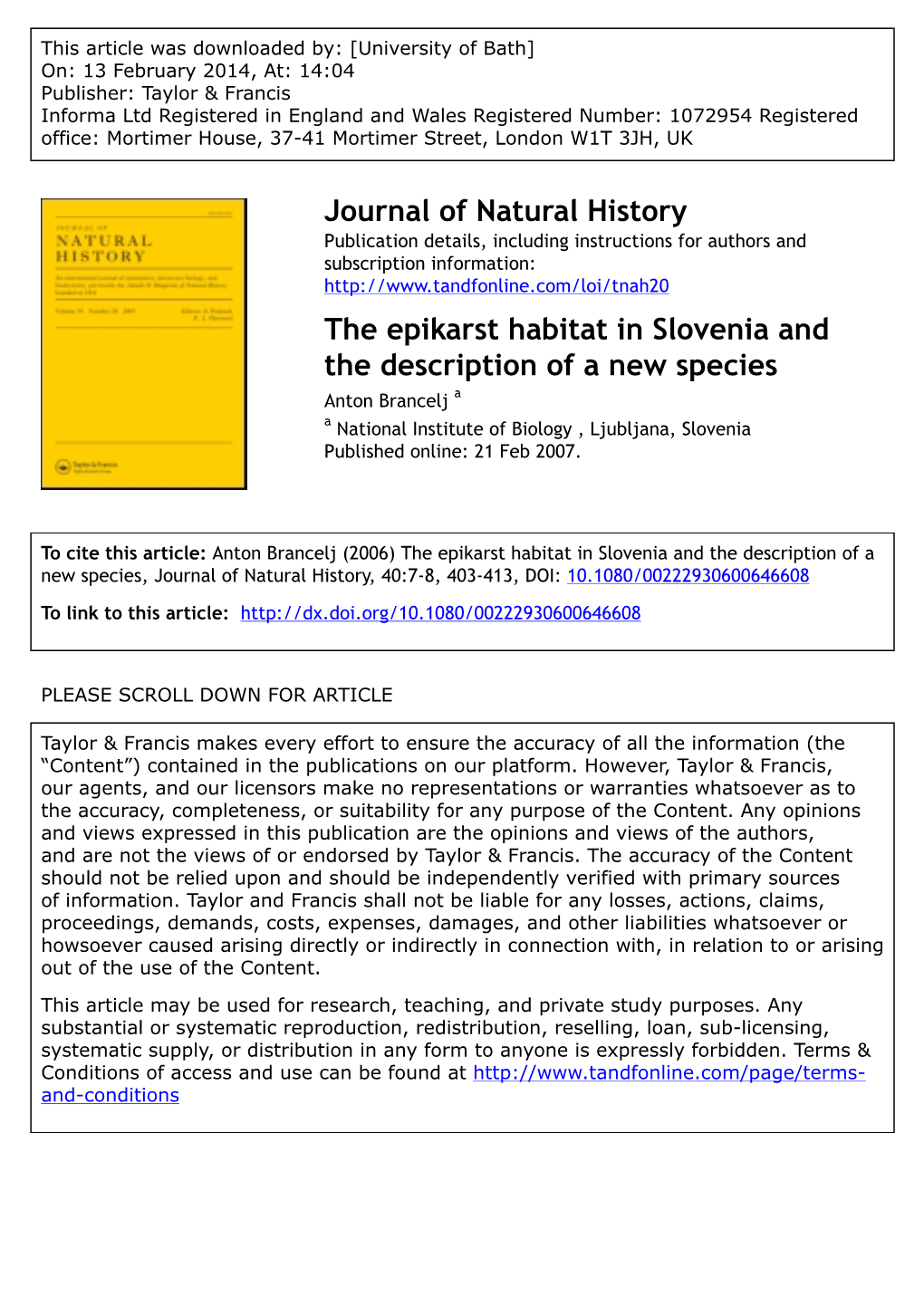 Journal of Natural History the Epikarst Habitat in Slovenia and the Description of a New Species