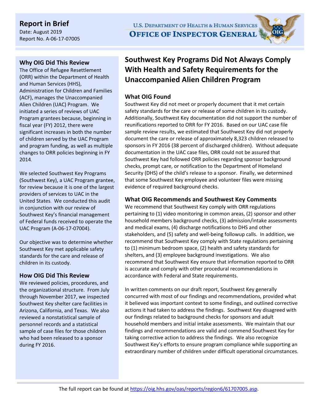 Southwest Key Programs Did Not Always Comply with Health and Safety Requirements for the Unaccompanied Alien Children Program (A