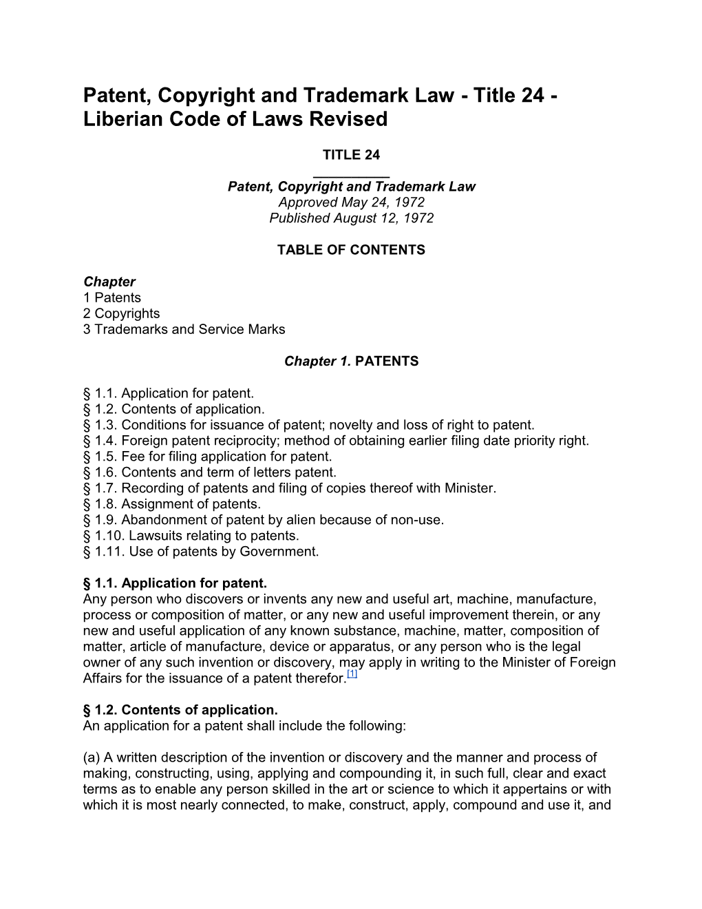 Patent, Copyright and Trademark Law - Title 24 - Liberian Code of Laws Revised