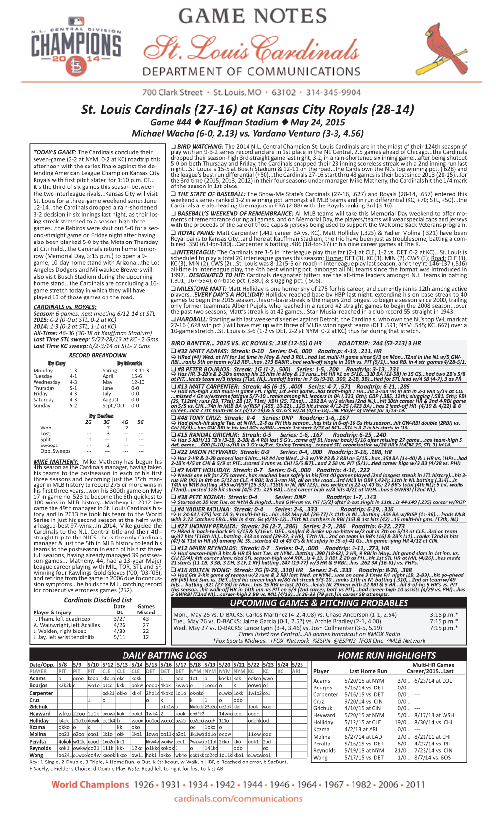 St. Louis Cardinals (27-16) at Kansas City Royals (28-14) Game #44 N Kauffman Stadium N May 24, 2015 Michael Wacha (6-0, 2.13) Vs