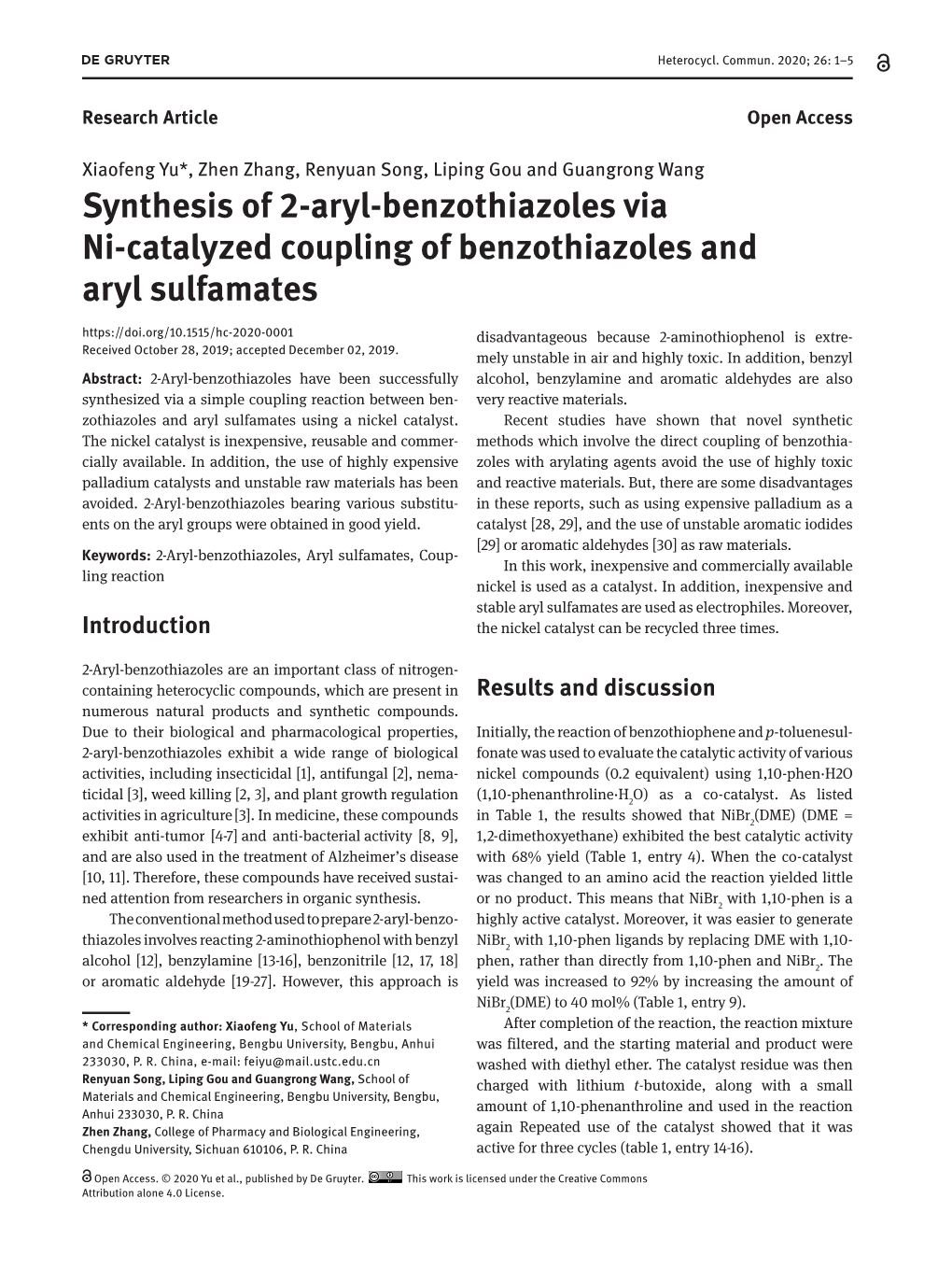 Synthesis of 2-Aryl-Benzothiazoles Via Ni-Catalyzed Coupling