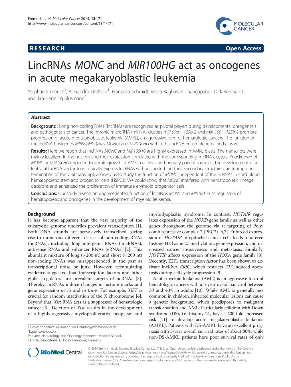 Lincrnas MONC and MIR100HG Act As Oncogenes in Acute