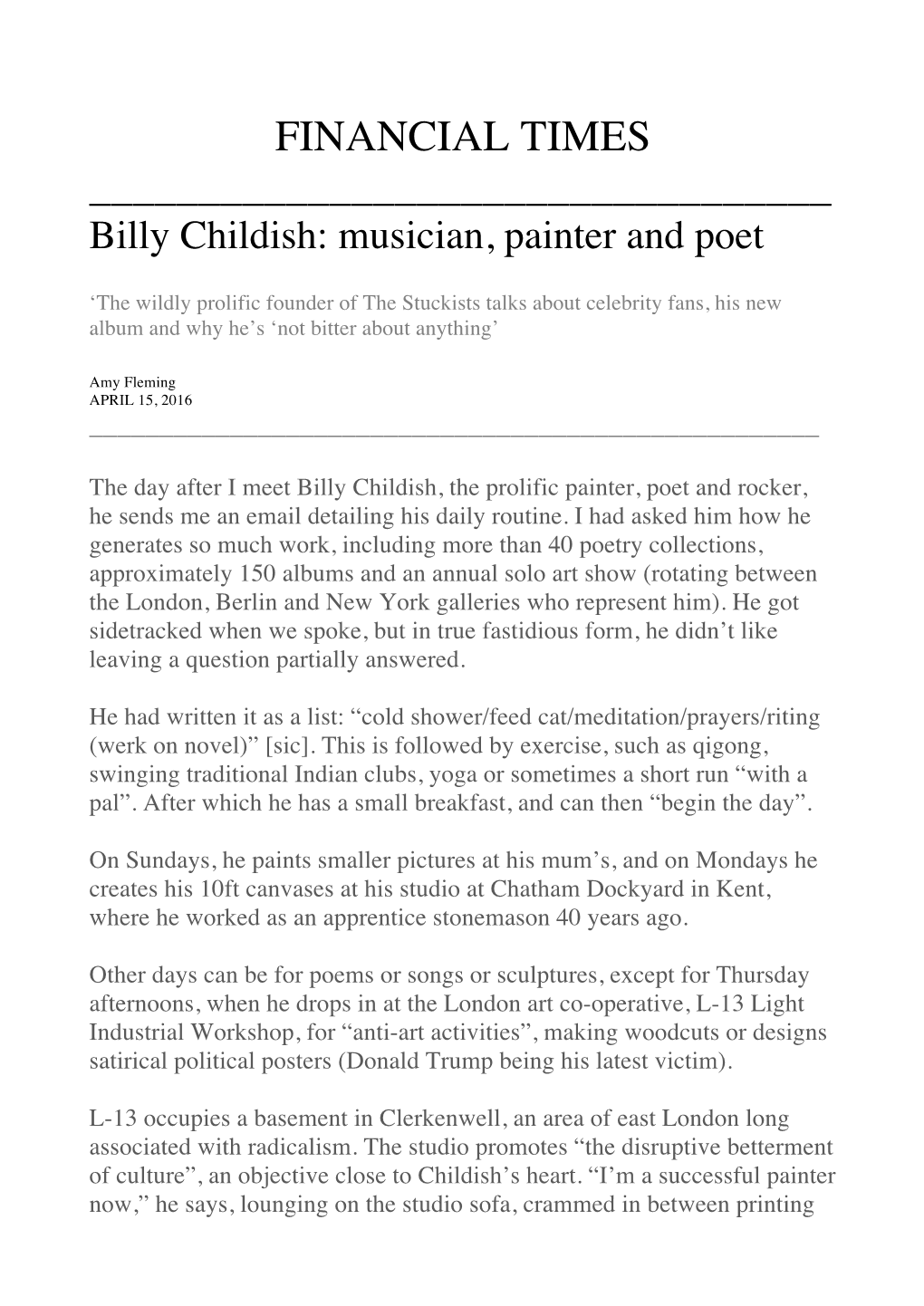 FINANCIAL TIMES ______Billy Childish: Musician, Painter and Poet