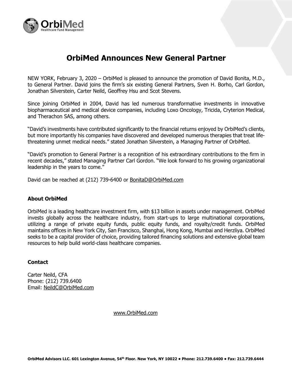 Orbimed Announces New General Partner