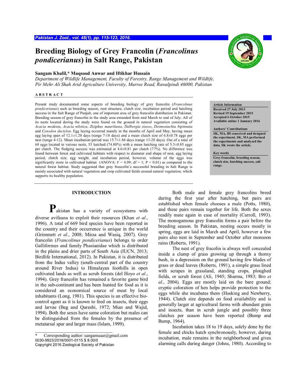 Breeding Biology of Grey Francolin (Francolinus Pondicerianus) in Salt Range, Pakistan