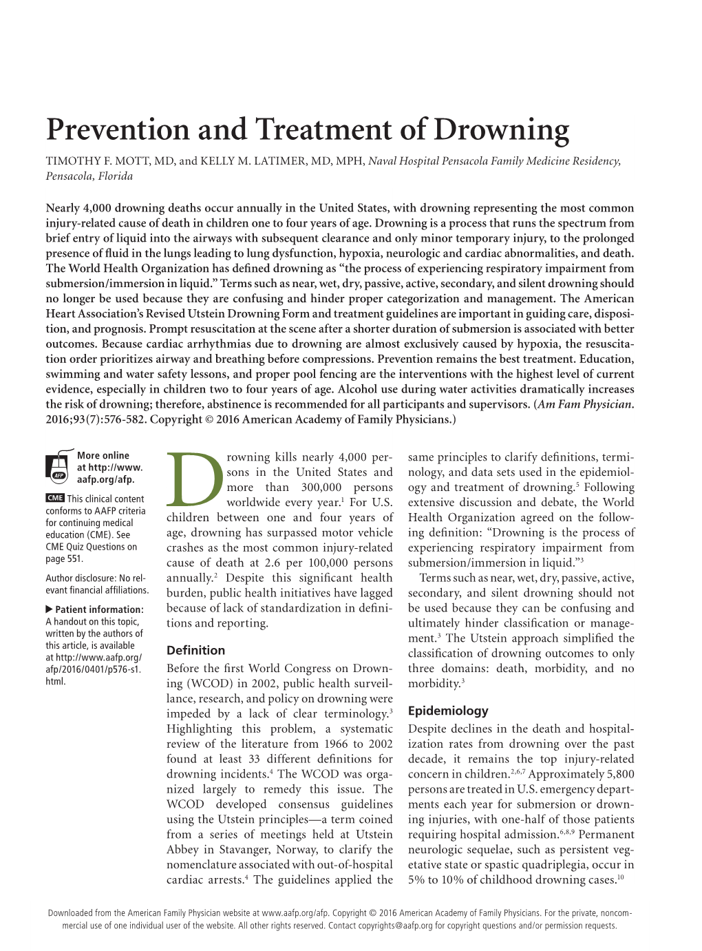 Prevention and Treatment of Drowning TIMOTHY F