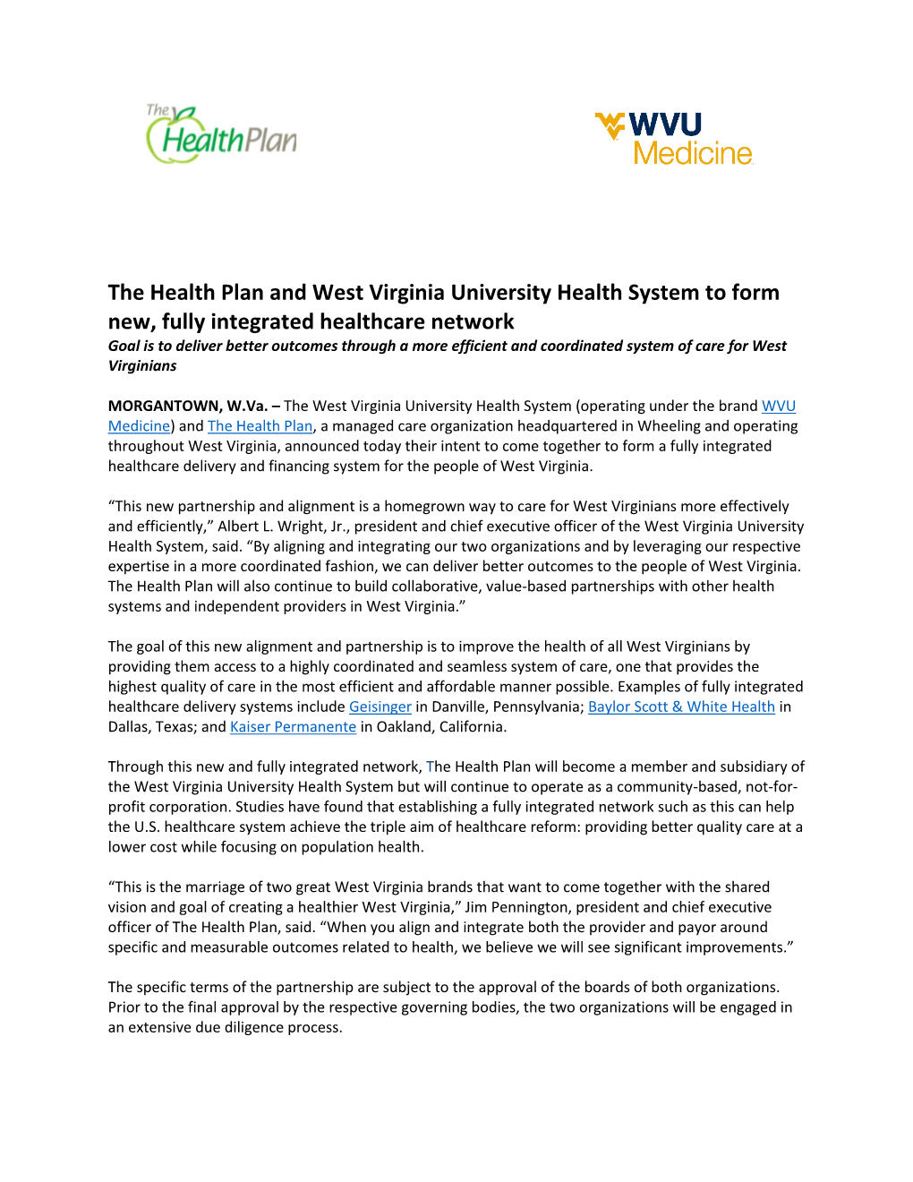 The Health Plan and West Virginia University Health System to Form