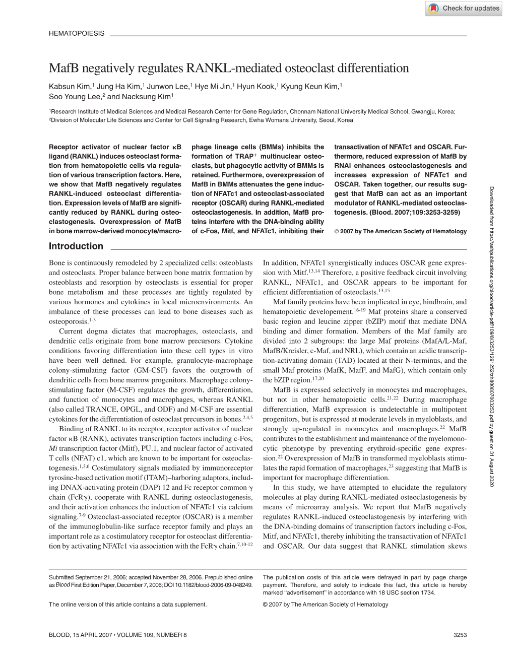 Mafb Negatively Regulates RANKL-Mediated Osteoclast Differentiation