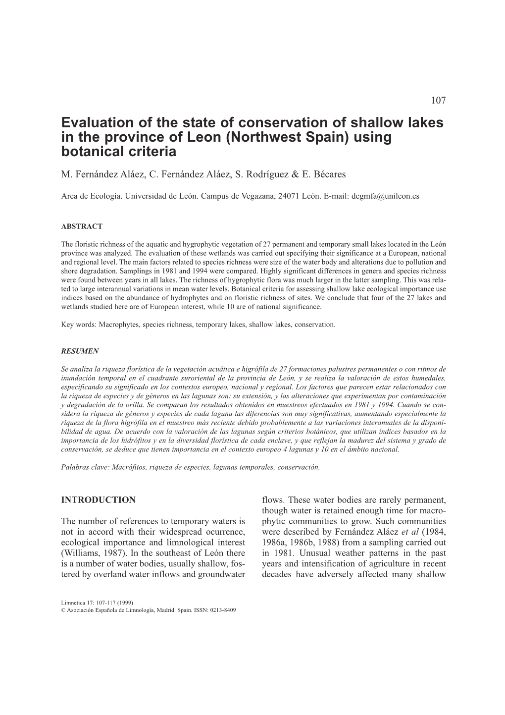 Evaluation of the State of Conservation of Shallow Lakes in the Province of Leon (Northwest Spain) Using Botanical Criteria