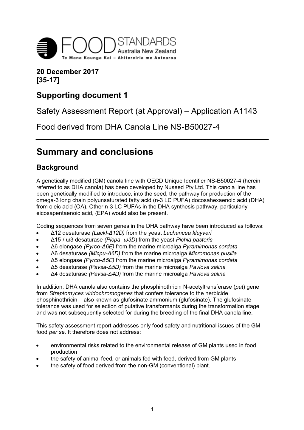 Application A1143: Food Derived from DHA Canola Line NS-B50027-4