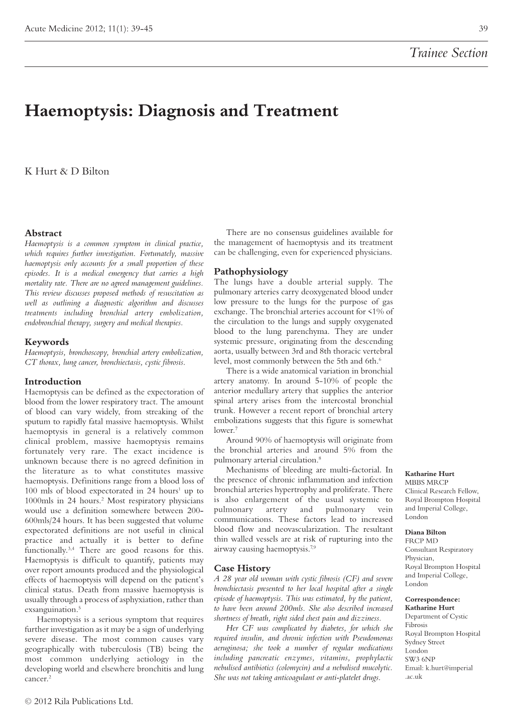 Haemoptysis: Diagnosis and Treatment