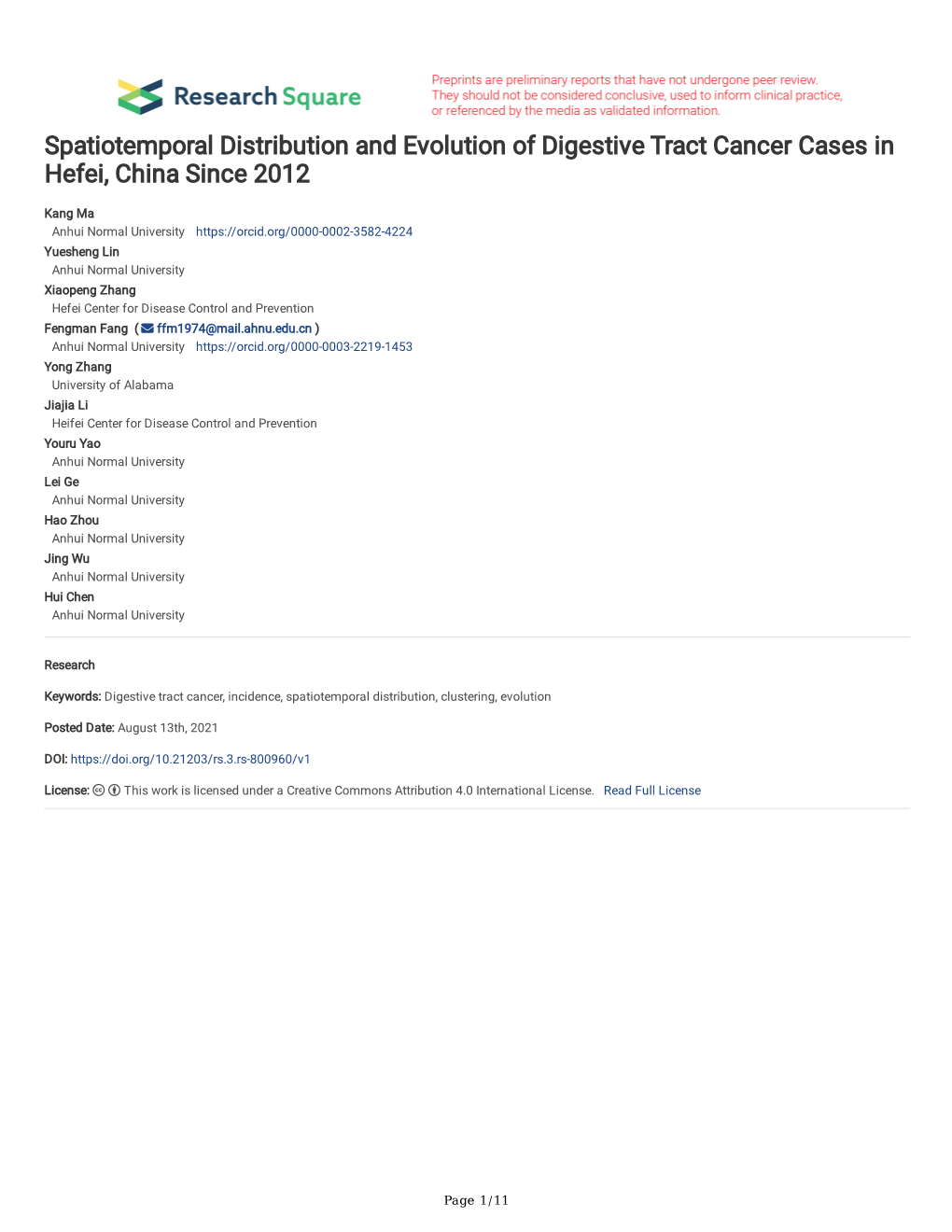 Spatiotemporal Distribution and Evolution of Digestive Tract Cancer Cases in Hefei, China Since 2012