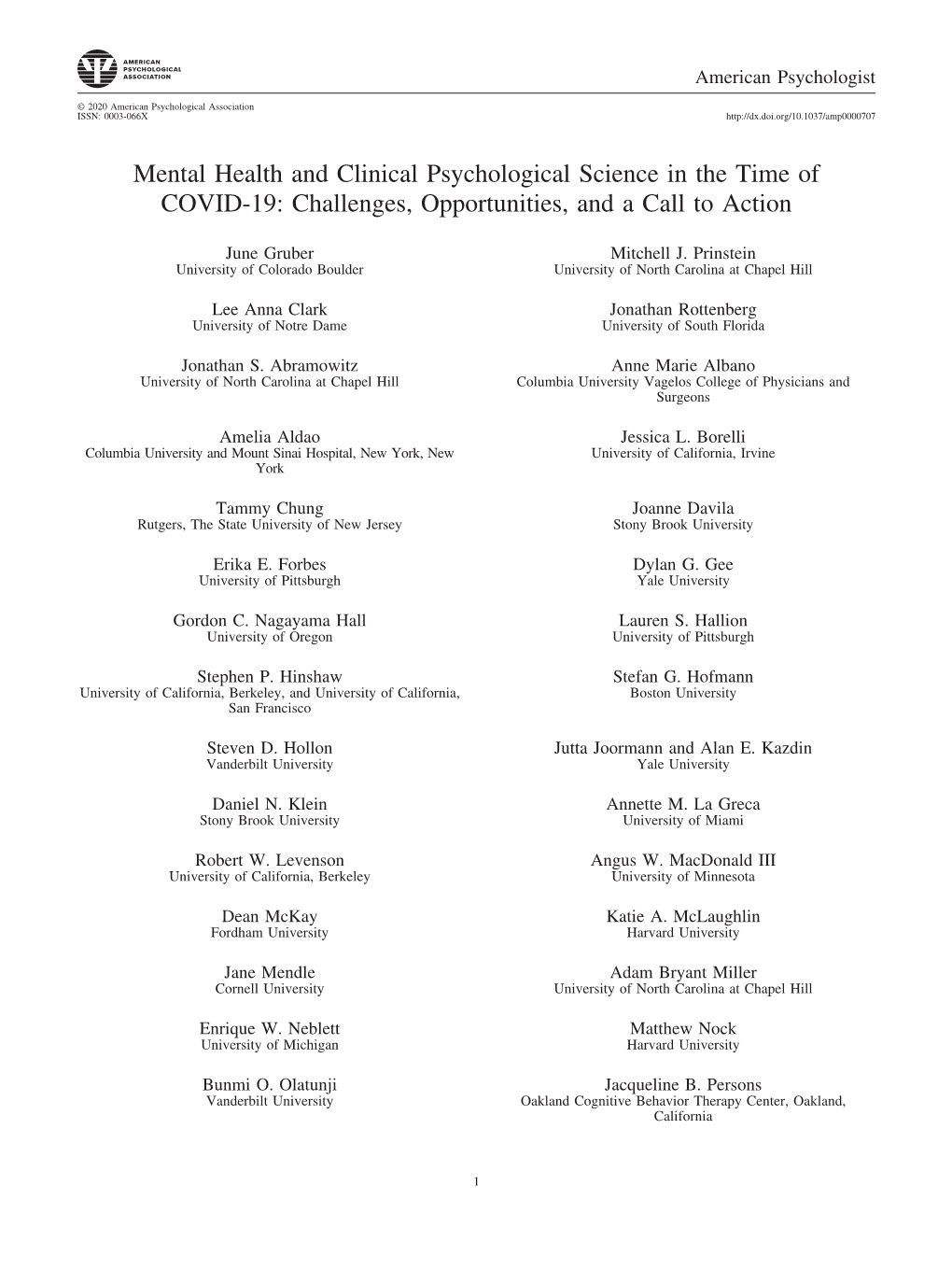 Mental Health and Clinical Psychological Science in the Time of COVID-19: Challenges, Opportunities, and a Call to Action