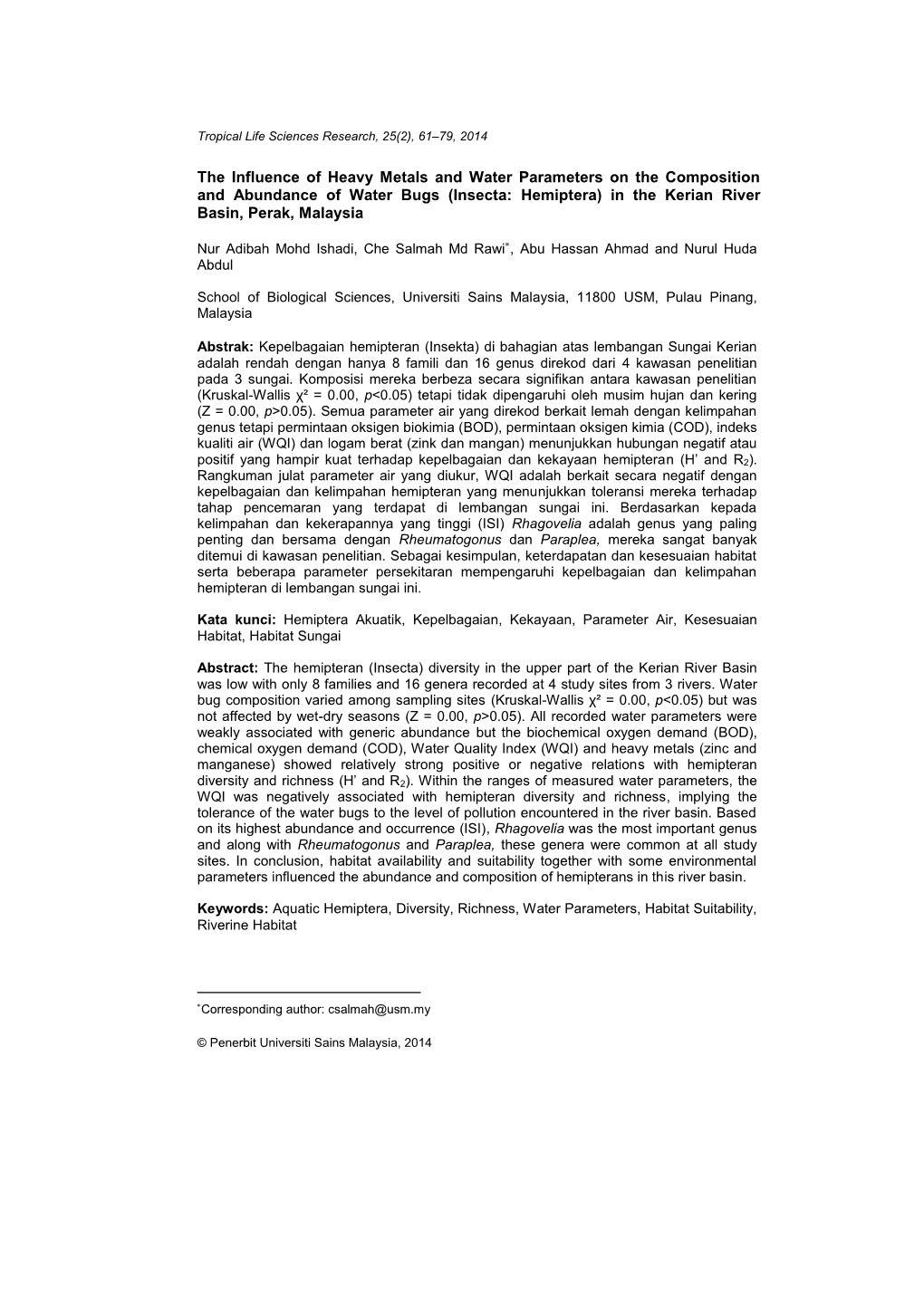 The Influence of Heavy Metals and Water Parameters on the Composition and Abundance of Water Bugs (Insecta: Hemiptera) in the Kerian River Basin, Perak, Malaysia