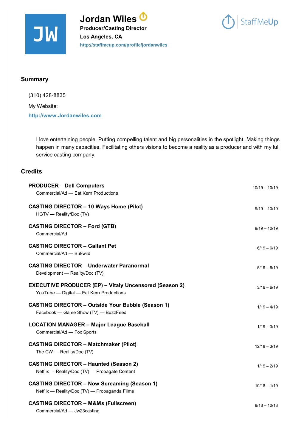 Jordan Wiles's Profile and Production Credits