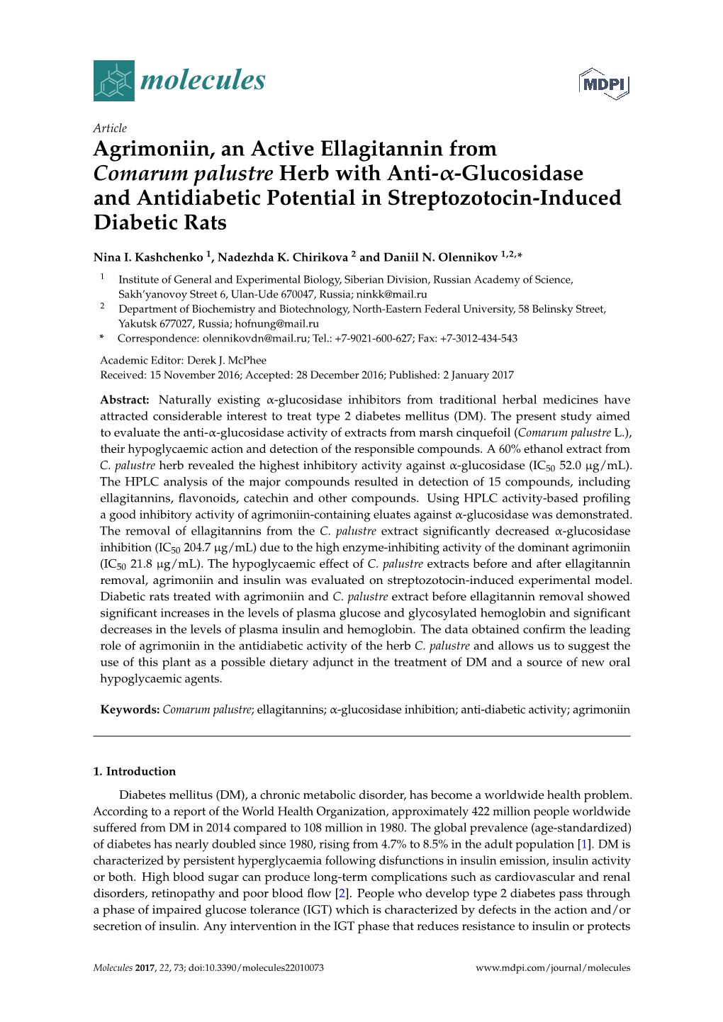 Agrimoniin, an Active Ellagitannin from Comarum Palustre Herb with Anti-Α-Glucosidase and Antidiabetic Potential in Streptozotocin-Induced Diabetic Rats