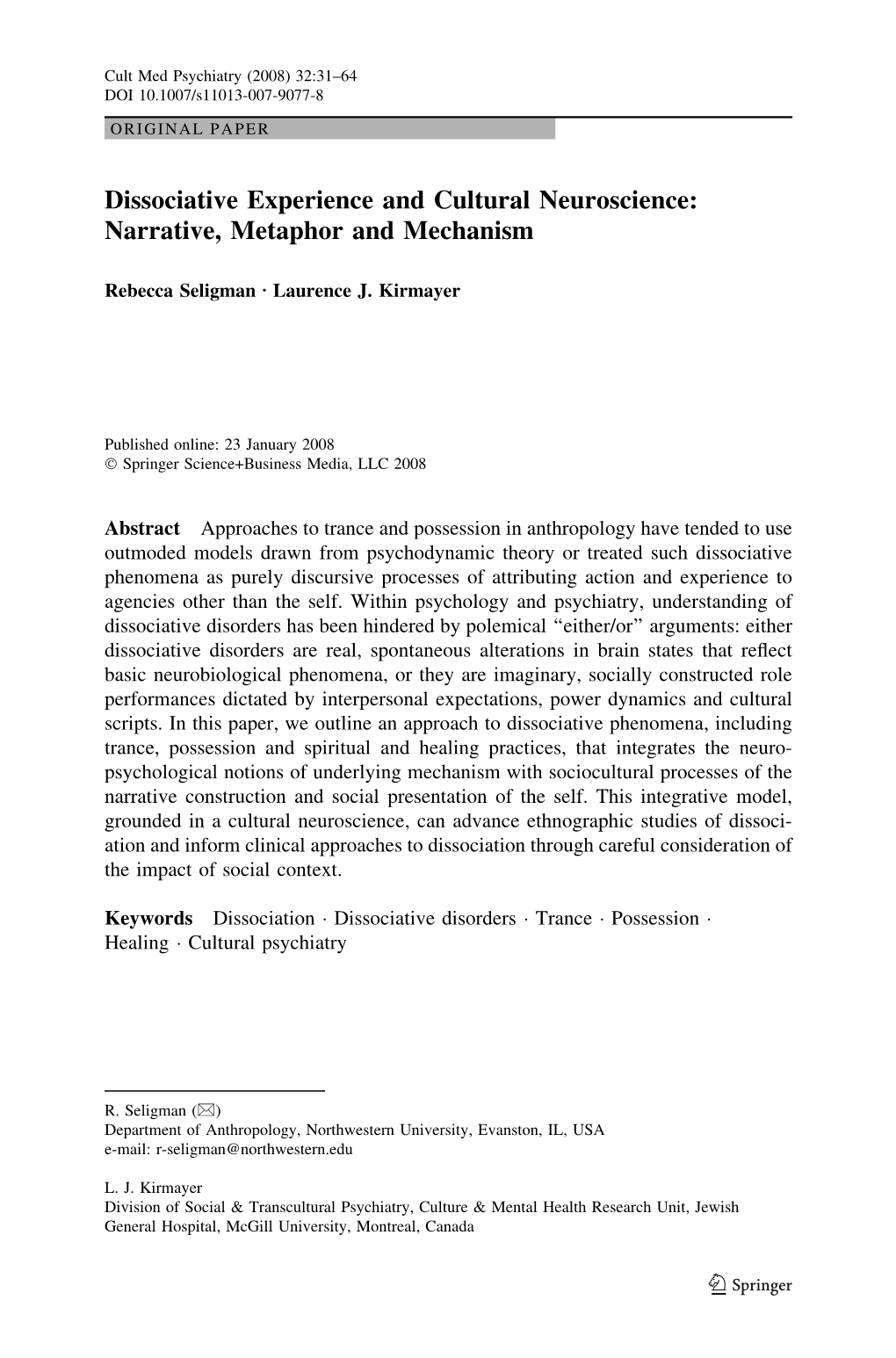 Dissociative Experience and Cultural Neuroscience: Narrative, Metaphor and Mechanism