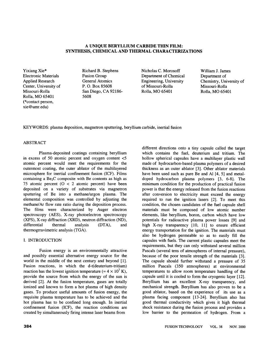 A Unique Beryllium Carbide Thin Film: Synthesis, Chemical and Thermal Characterizations