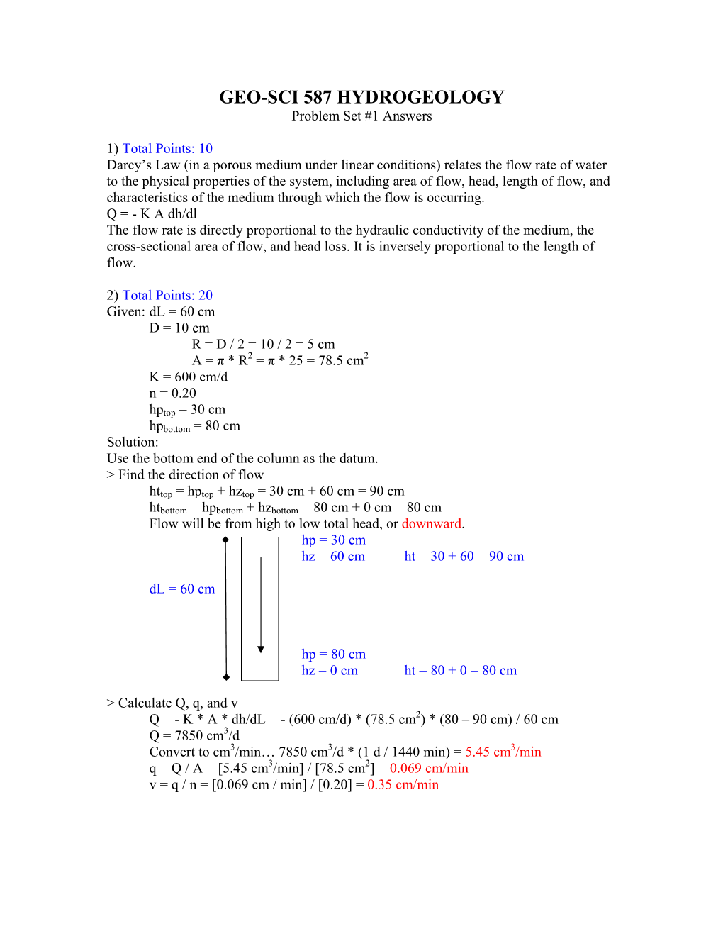 GEO-SCI 587 HYDROGEOLOGY Problem Set #1 Answers