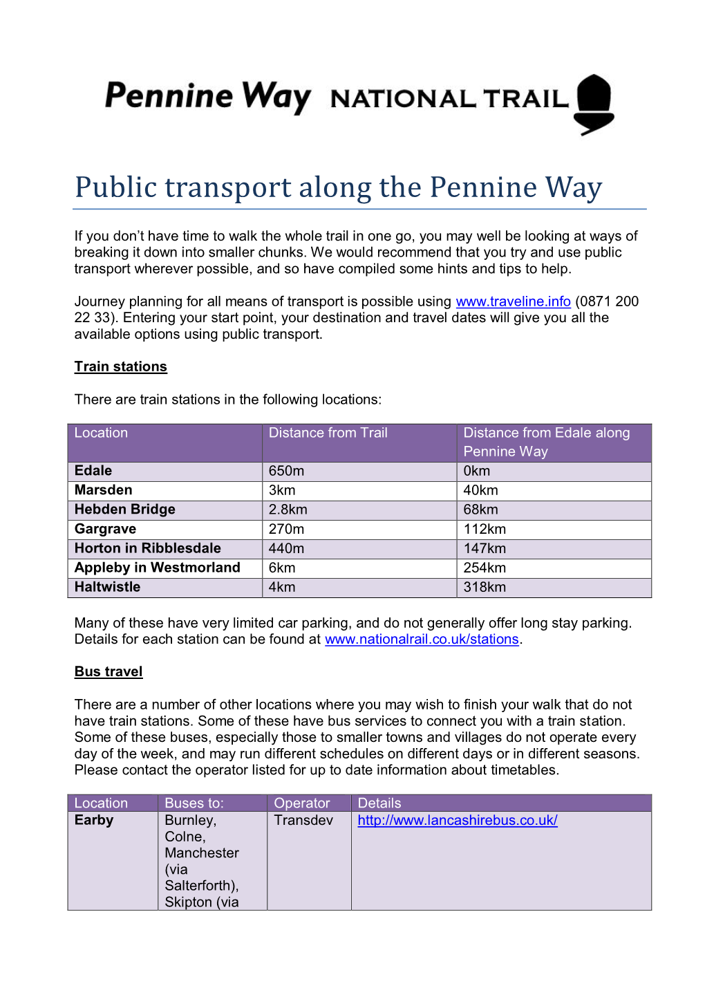 Public Transport Along the Pennine Way