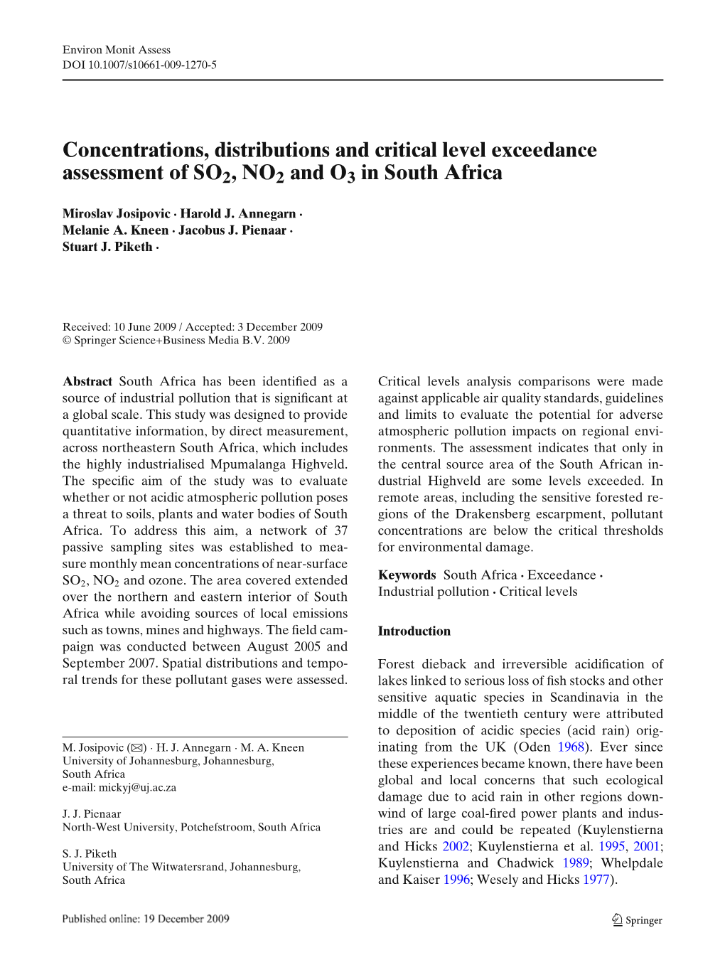 Concentrations, Distributions and Critical Level Exceedance Assessment of SO2,NO2 and O3 in South Africa