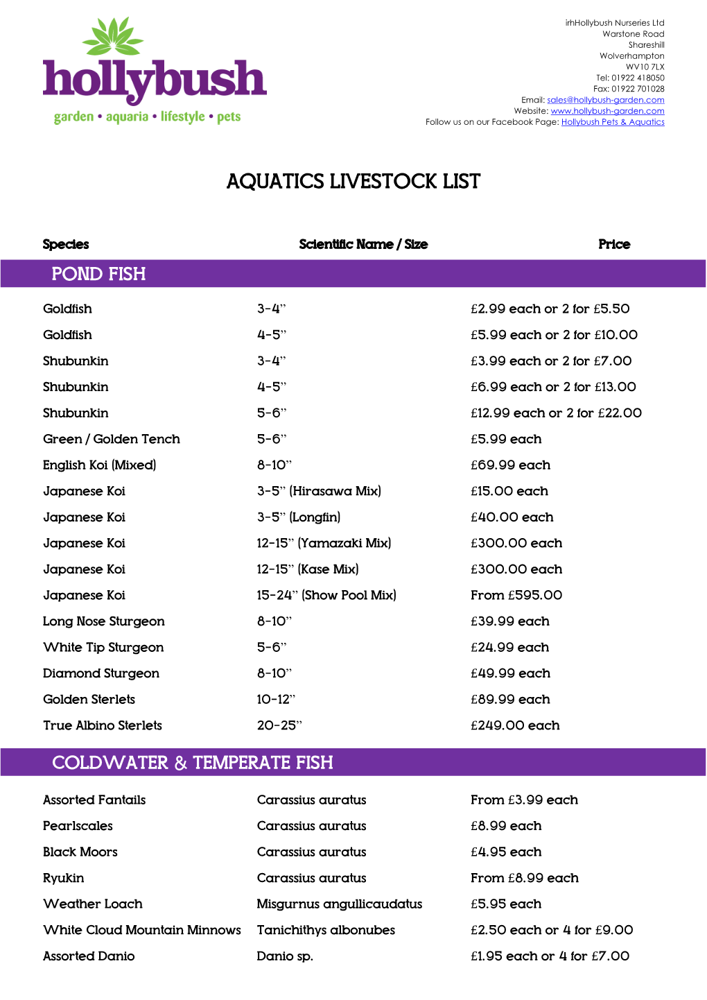 Aquatics Livestock List