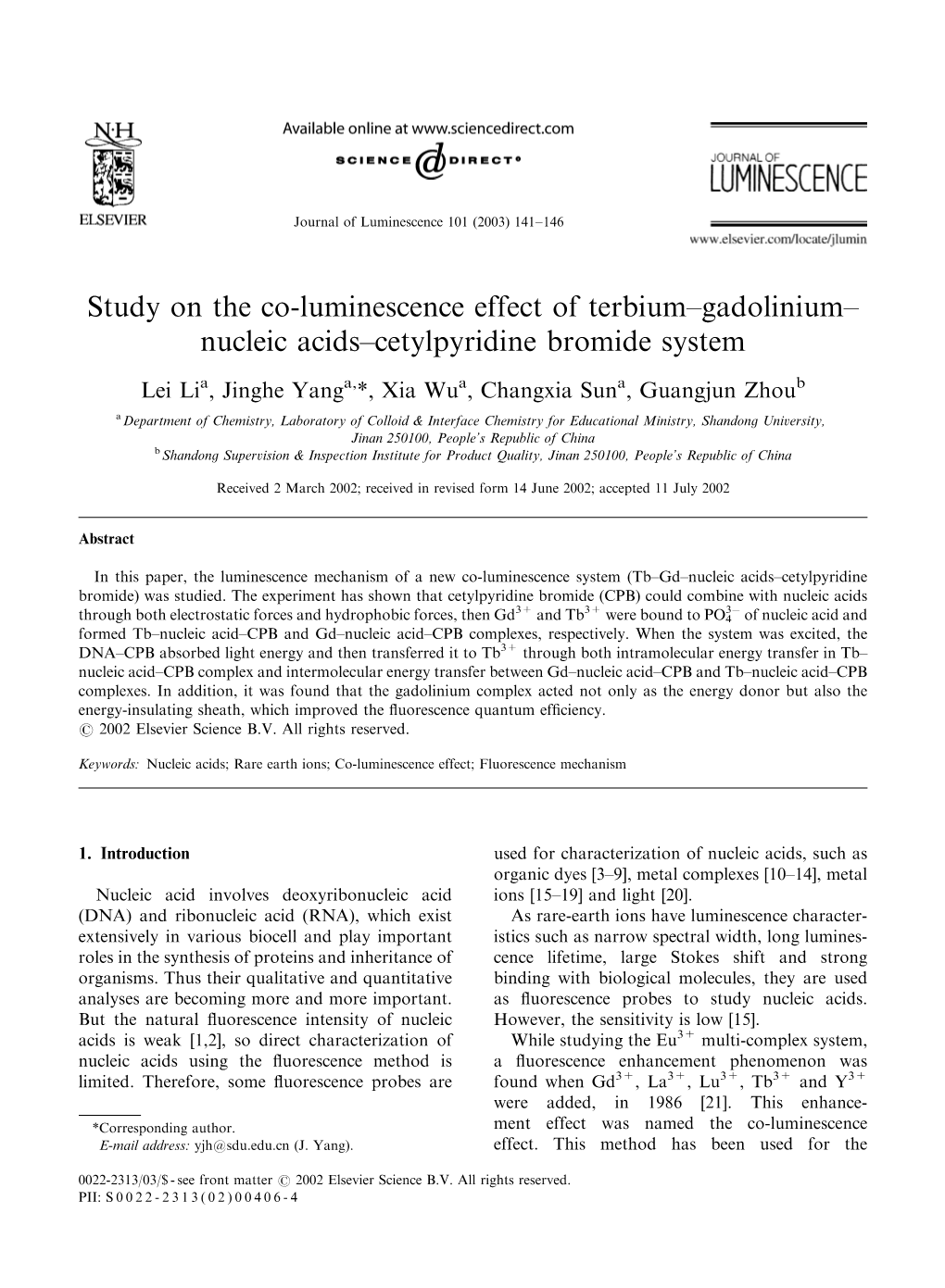 Study on the Co-Luminescence Effect of Terbium–Gadolinium– Nucleic Acids–Cetylpyridine Bromide System