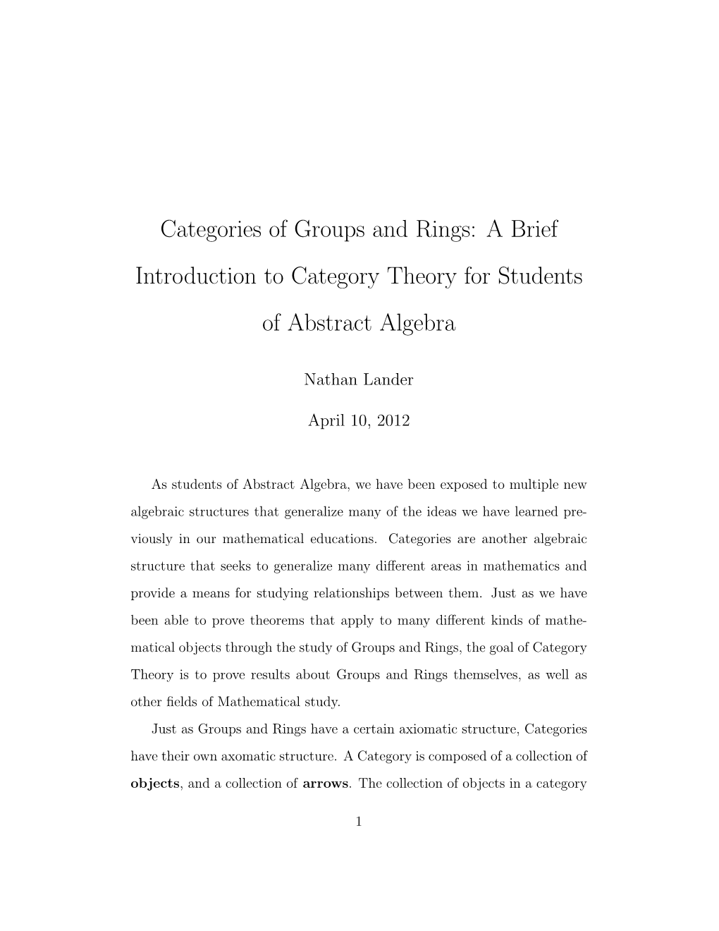 Categories of Groups and Rings: a Brief Introduction to Category Theory for Students of Abstract Algebra