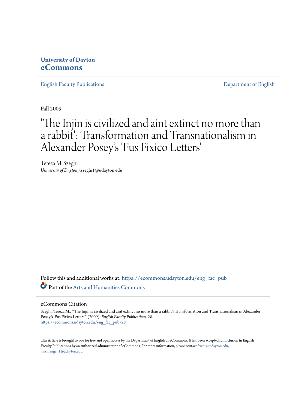 Transformation and Transnationalism in Alexander Posey’S 'Fus Fixico Letters' Tereza M