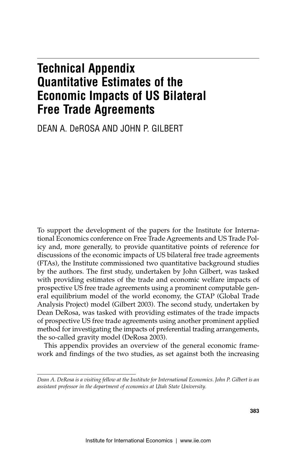 Free Trade Agreements: Technical Appendix Quantitative Estimates Of