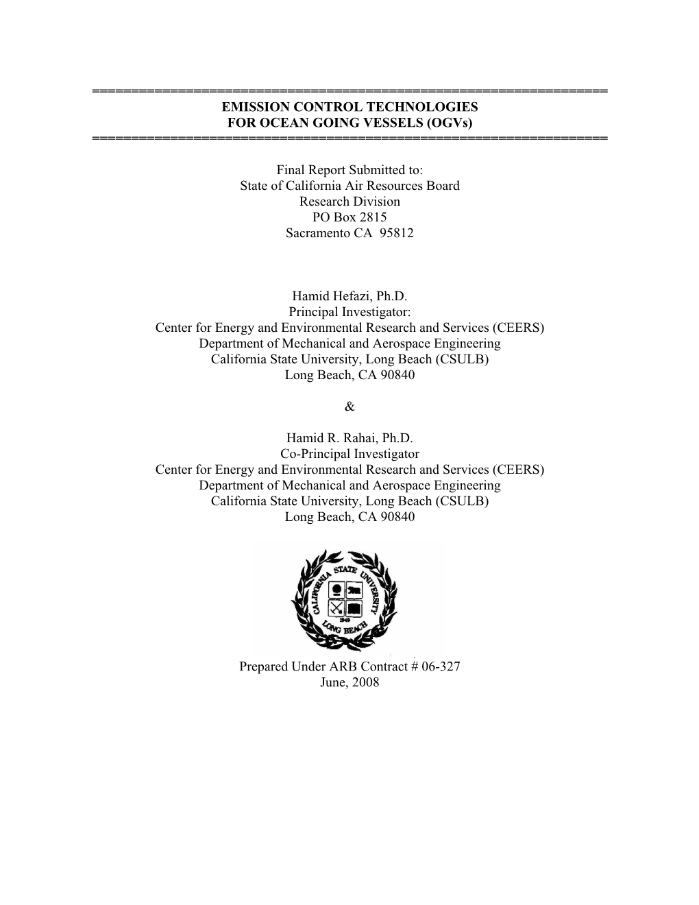Report: 2008-06-01 Emission Control Technologies for Ocean Going