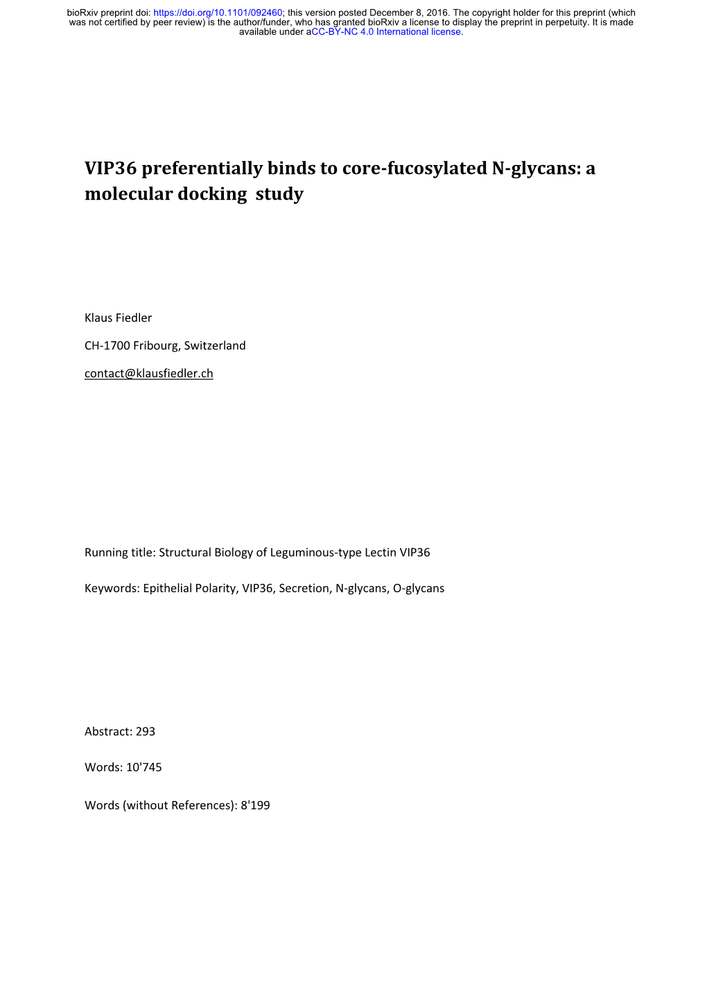 VIP36 Preferentially Binds to Core-Fucosylated N-Glycans: a Molecular Docking Study