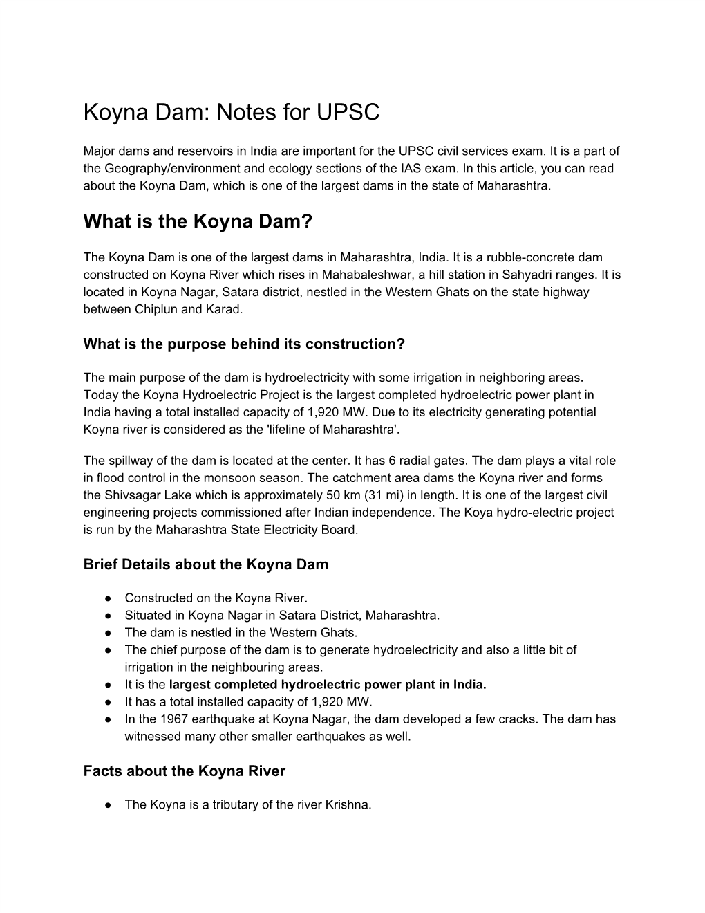 Koyna Dam: Notes for UPSC