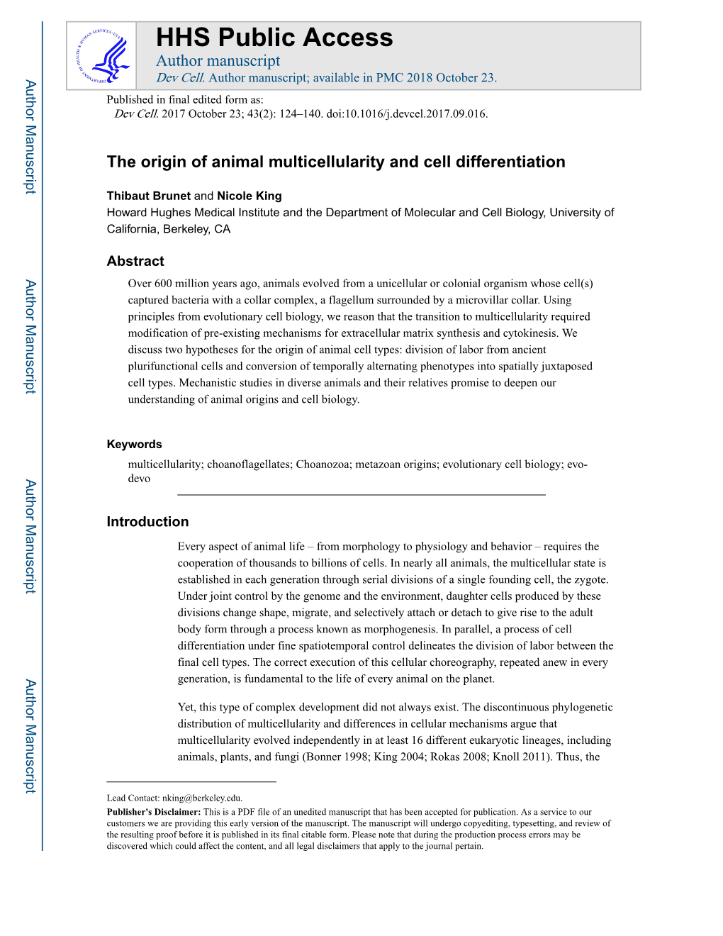 The Origin of Animal Multicellularity and Cell Differentiation