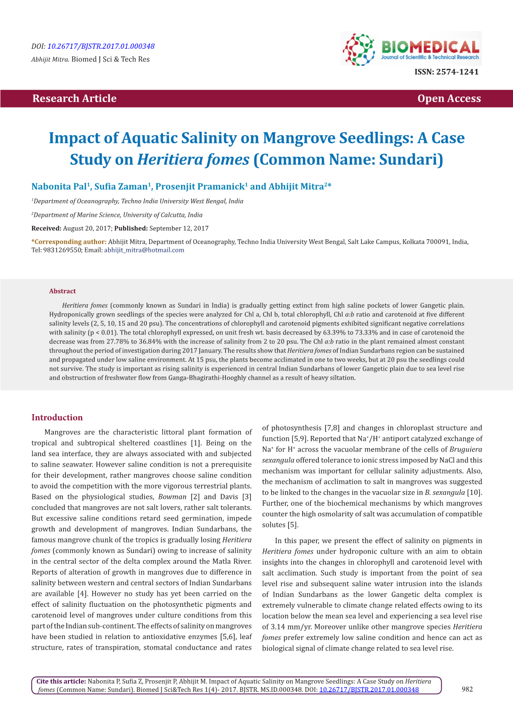 Impact of Aquatic Salinity on Mangrove Seedlings: a Case Study on Heritiera Fomes (Common Name: Sundari)