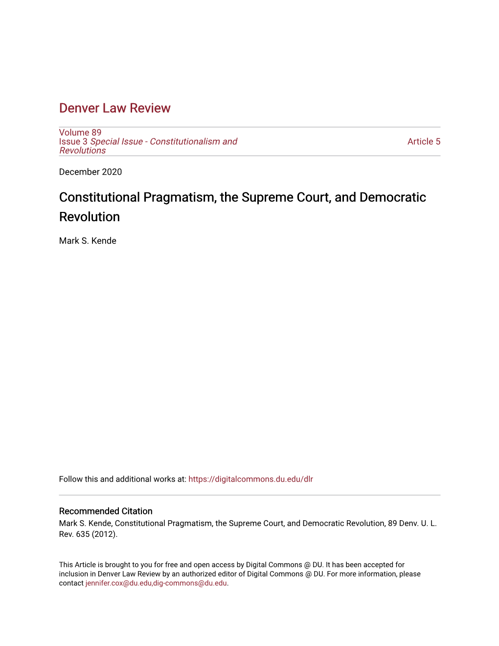 Constitutional Pragmatism, the Supreme Court, and Democratic Revolution