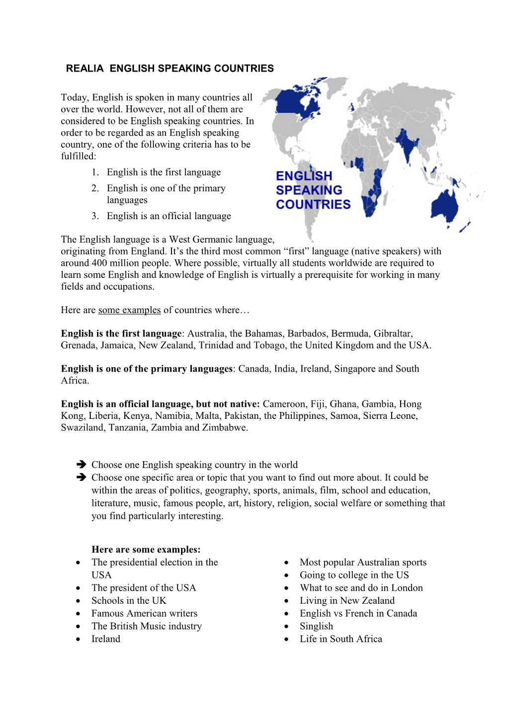 Realia English Speaking Countries