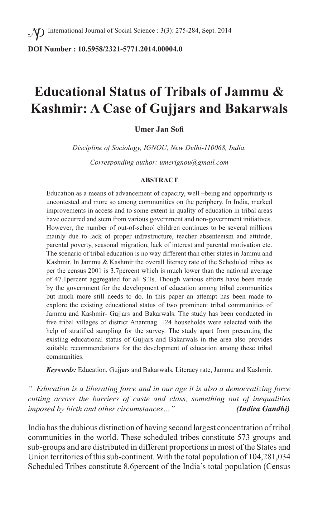 Educational Status of Tribals of Jammu & Kashmir