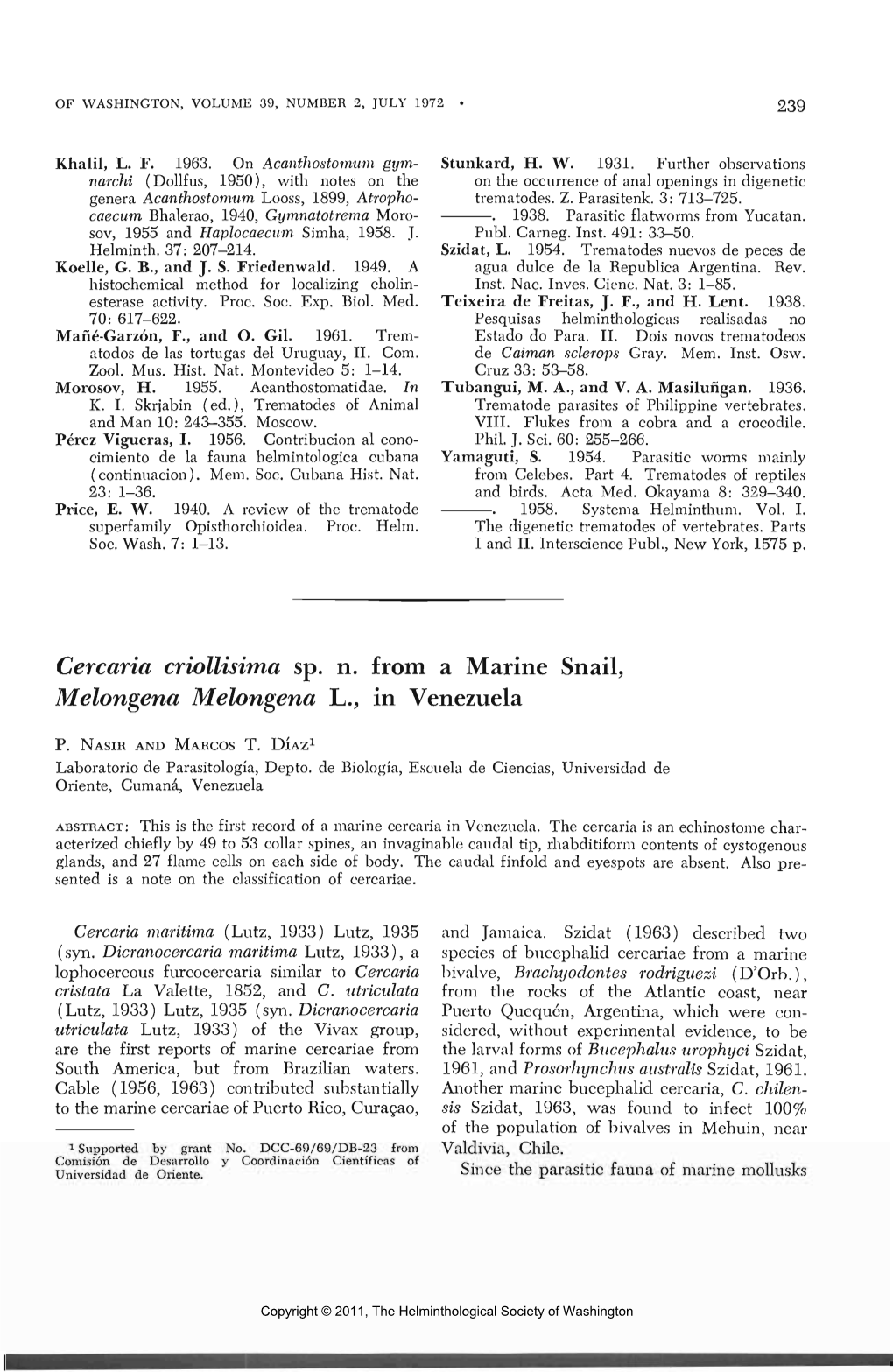 Cercaria Criollisima Sp. N. from a Marine Snail, Melongena Melongena L., in Venezuela