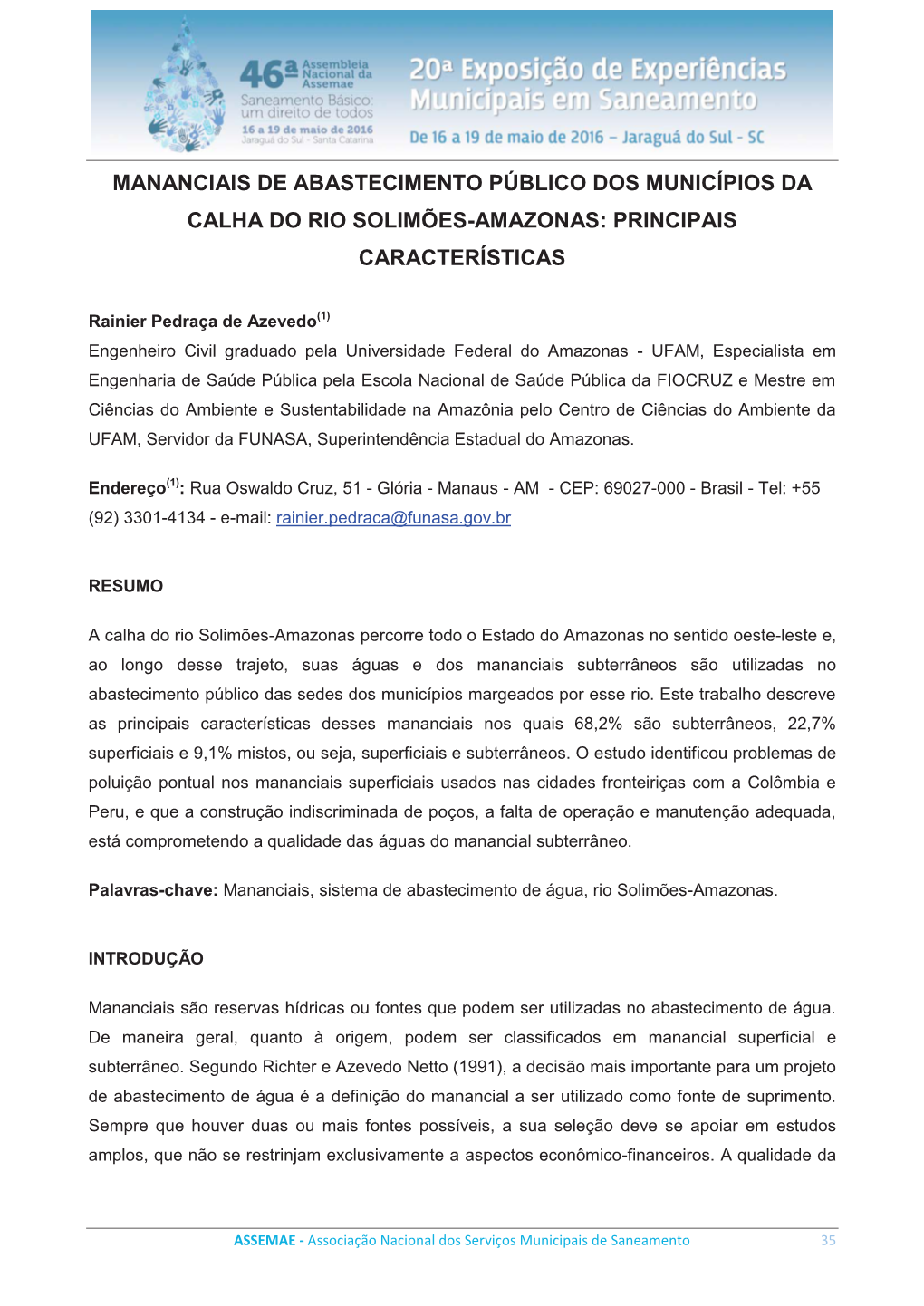 Mananciais De Abastecimento Público Dos Municípios Da Calha Do Rio Solimões-Amazonas: Principais Características