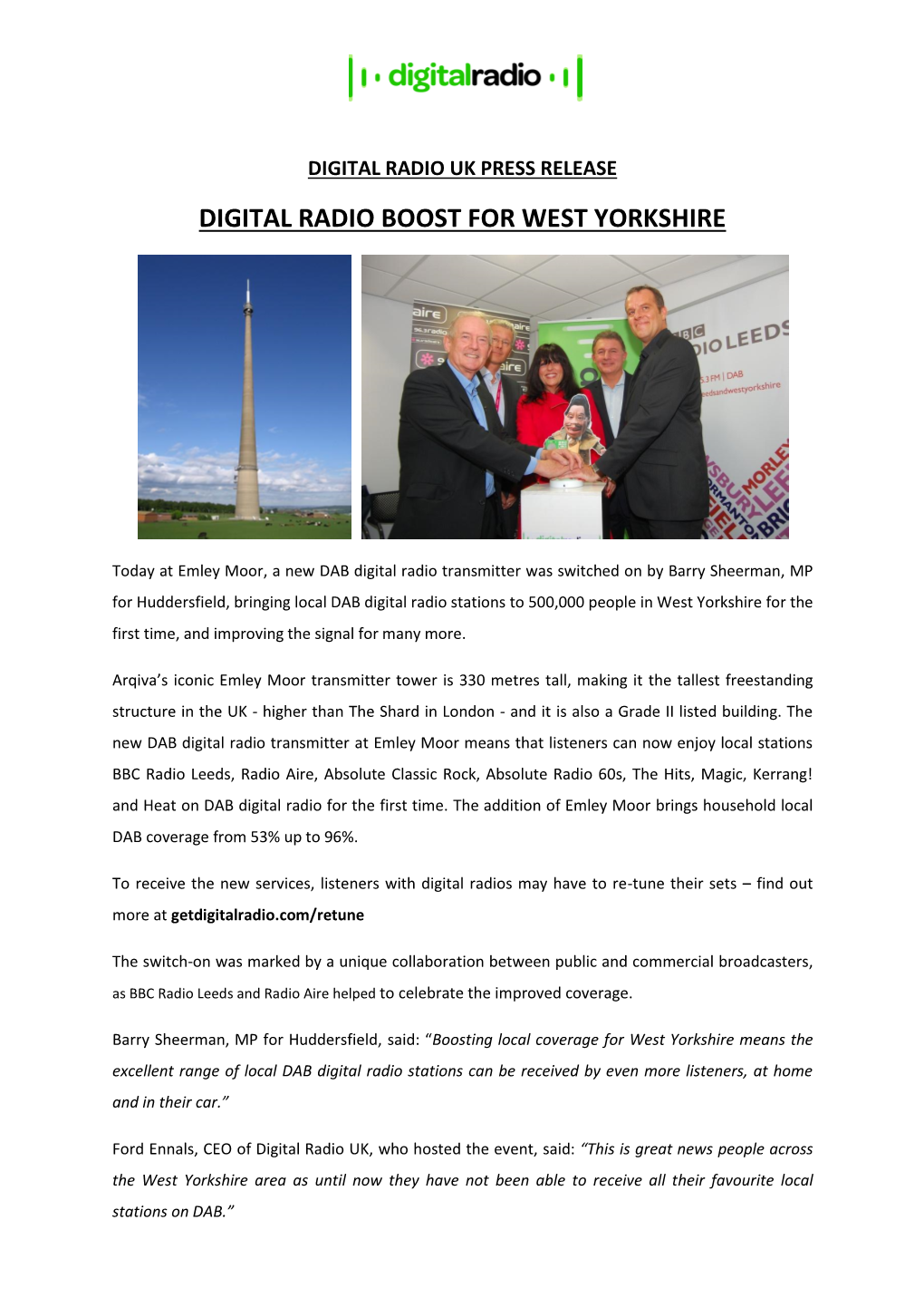 Digital Radio Boost for West Yorkshire