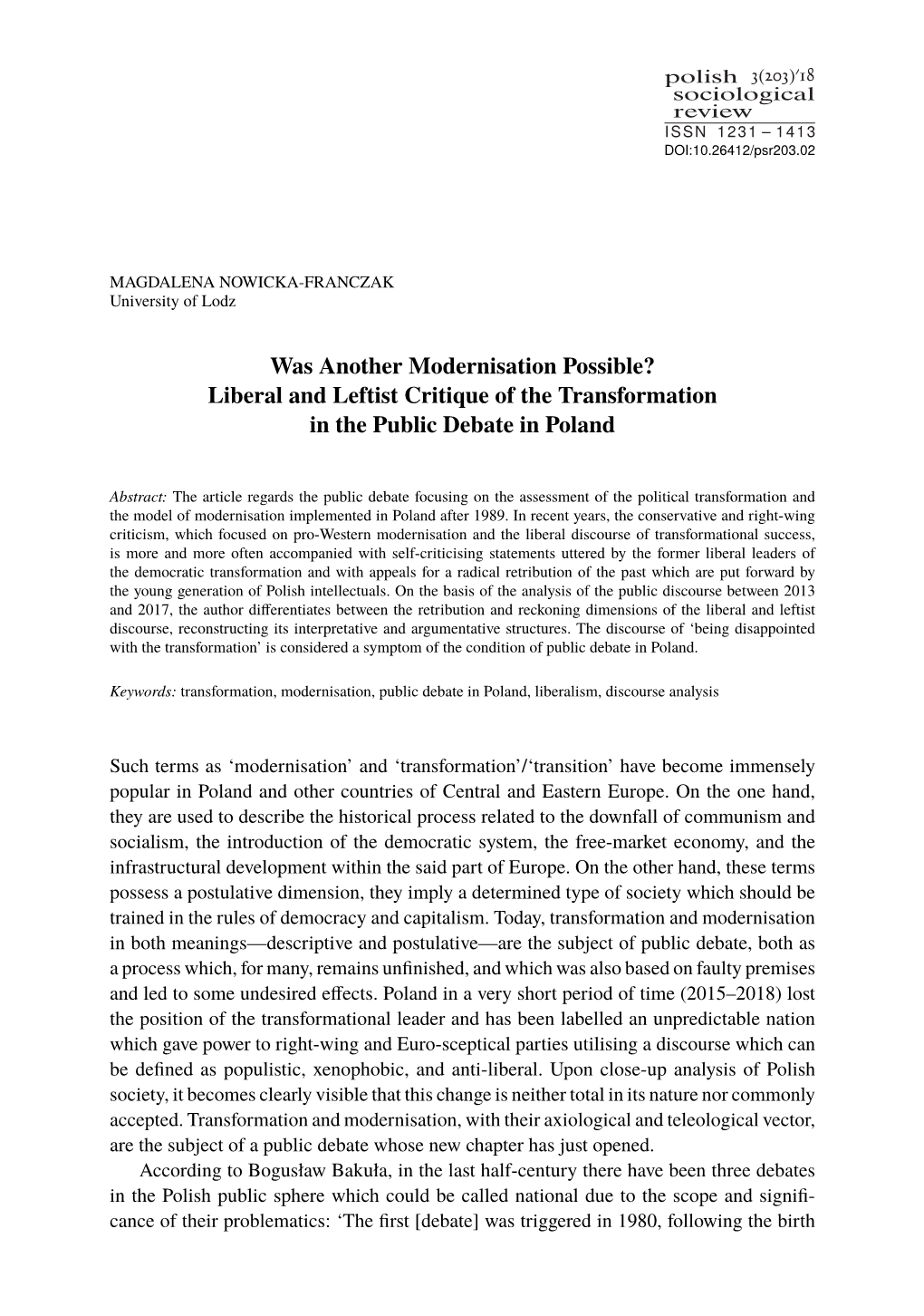 Was Another Modernisation Possible? Liberal and Leftist Critique of the Transformation in the Public Debate in Poland