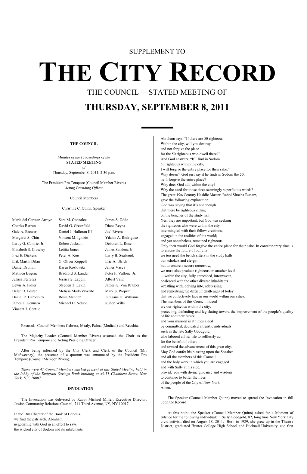 Supplement to the City Record the Council —Stated Meeting of Thursday, September 8, 2011