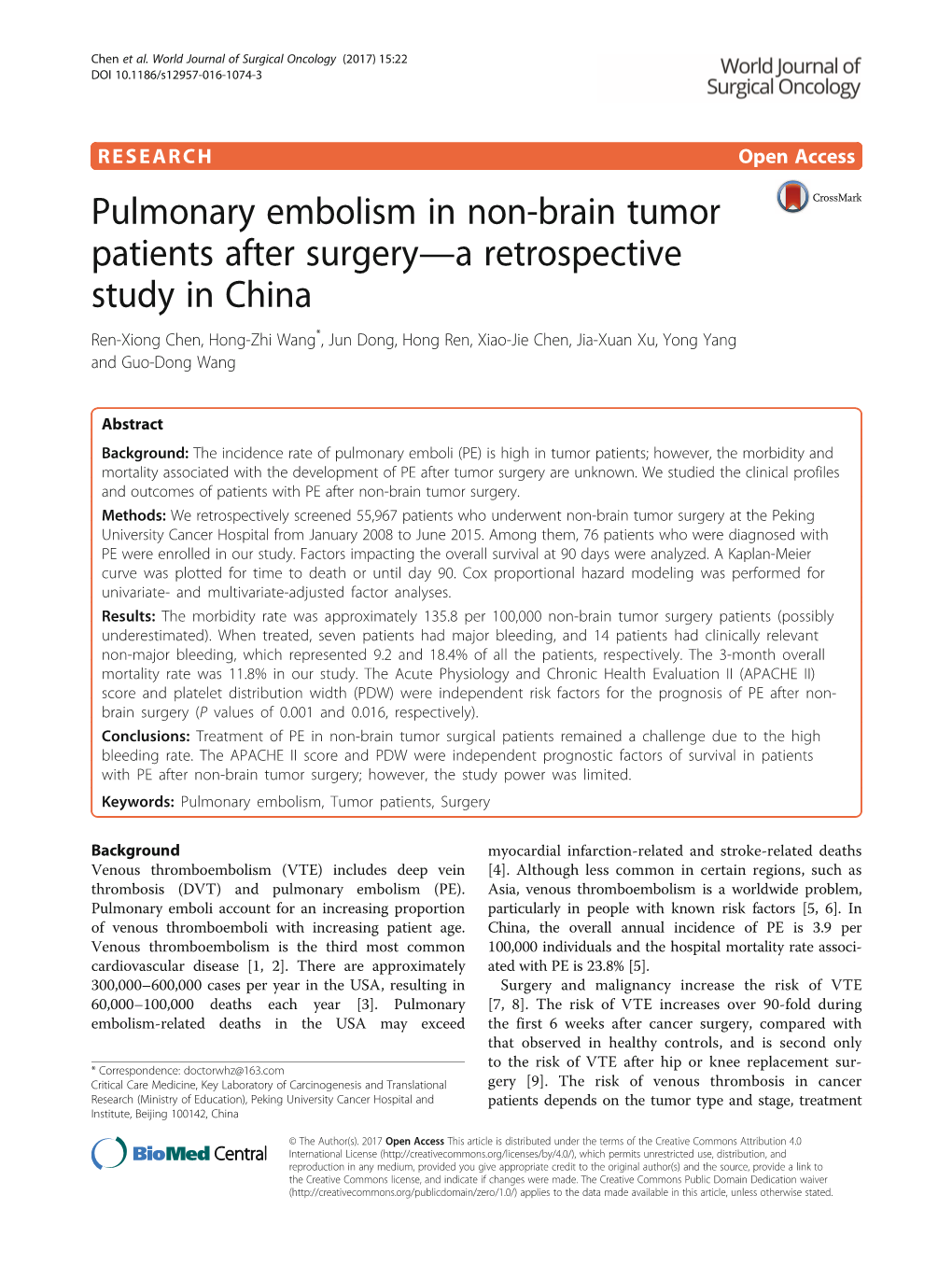 Pulmonary Embolism in Non-Brain Tumor Patients After Surgery—A Retrospective Study in China