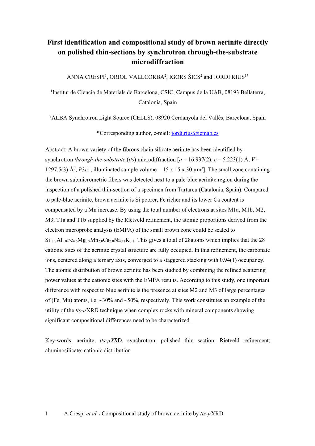 First Identification and Compositional Study of Brown Aerinite Directly on Polished Thin-Sections by Synchrotron Through-The-Substrate Microdiffraction