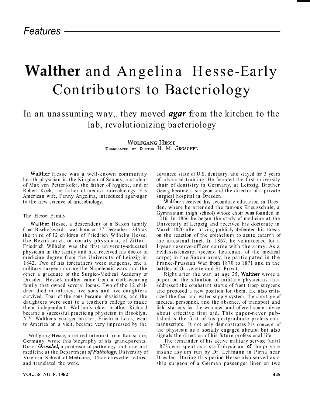 Walther and Angelina Hesse-Early Contributors to Bacteriology